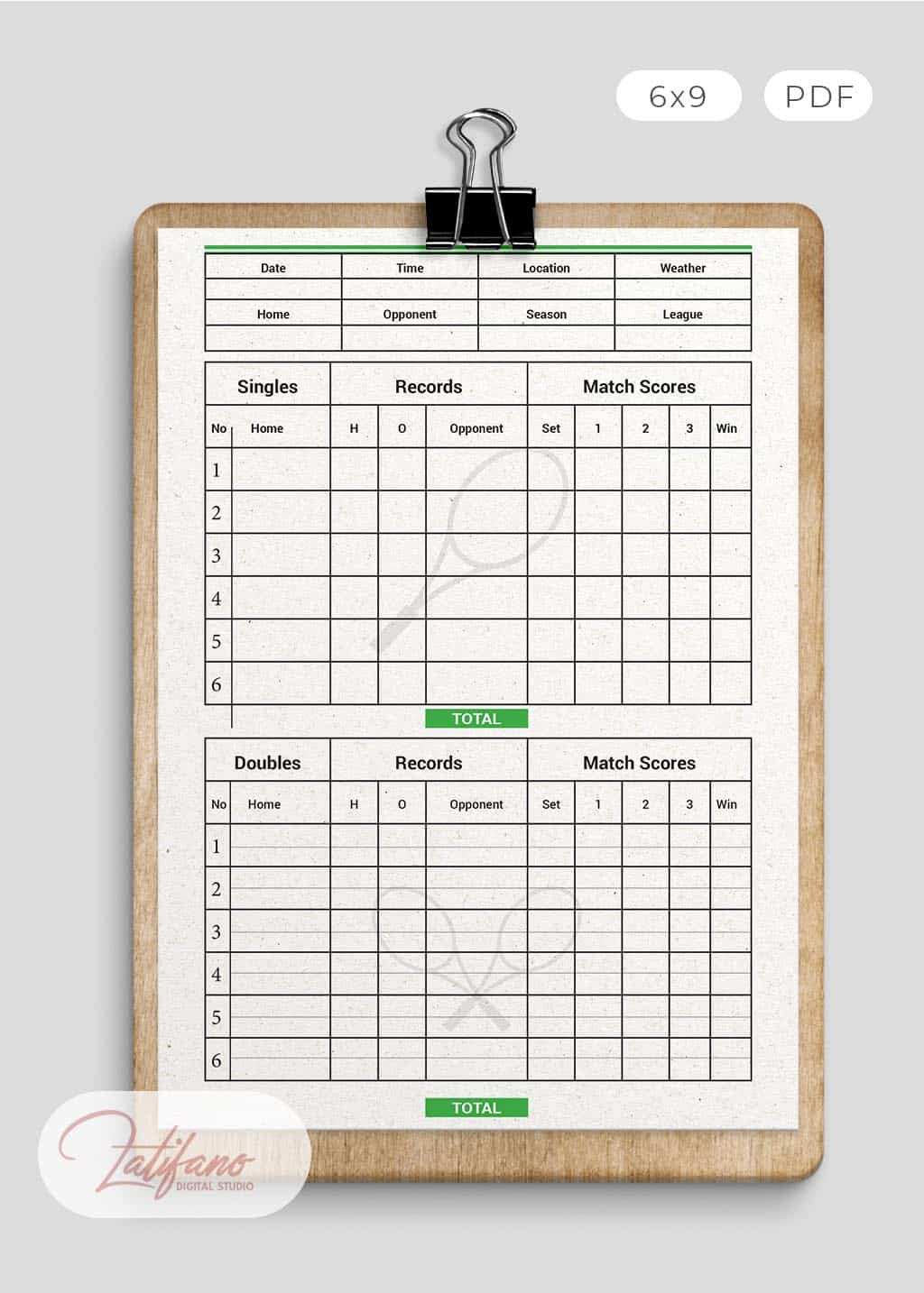 Tennis Score Sheet page