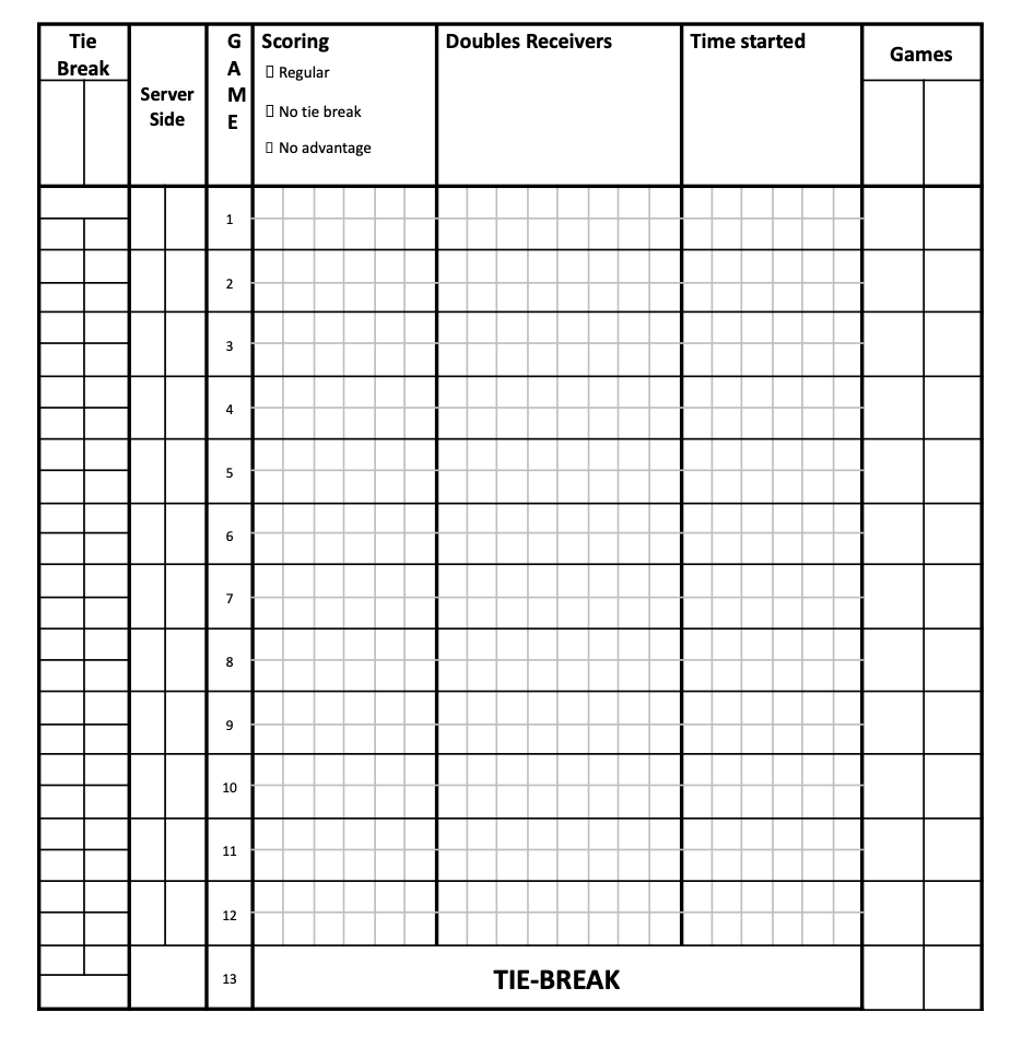 Tennis Score Sheet for recording more detail about the match