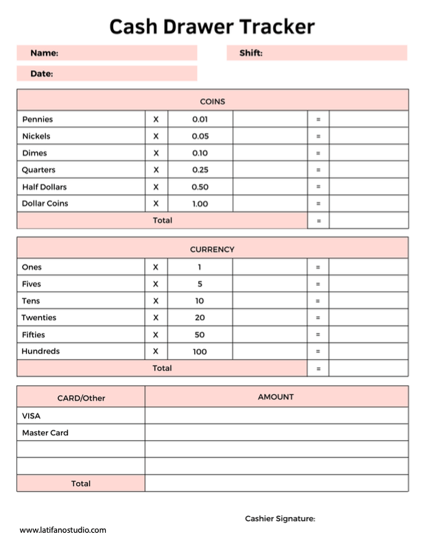 Download Free printable cash drawer count sheet pdf
