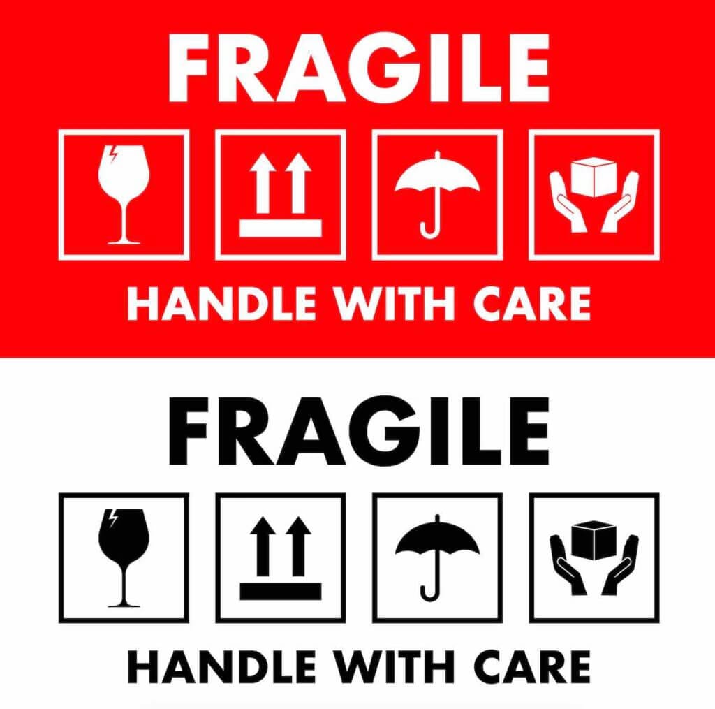 Fragile warning sticker template to alert shipping carriers about breakable package contents.
