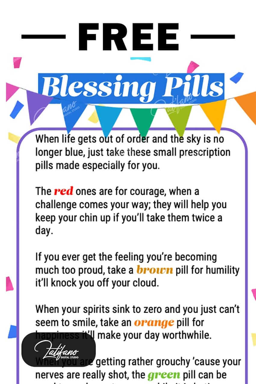 Colorful Blessing Pills Free Printable tag with poem and bunting banner, designed for candy gift favors like M&Ms or Skittles.