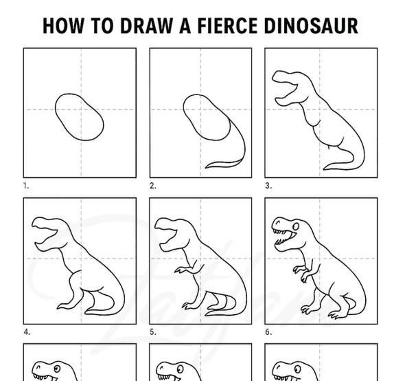 Step-by-step How to Draw a Fierce Dinosaur Printable for kids and beginners